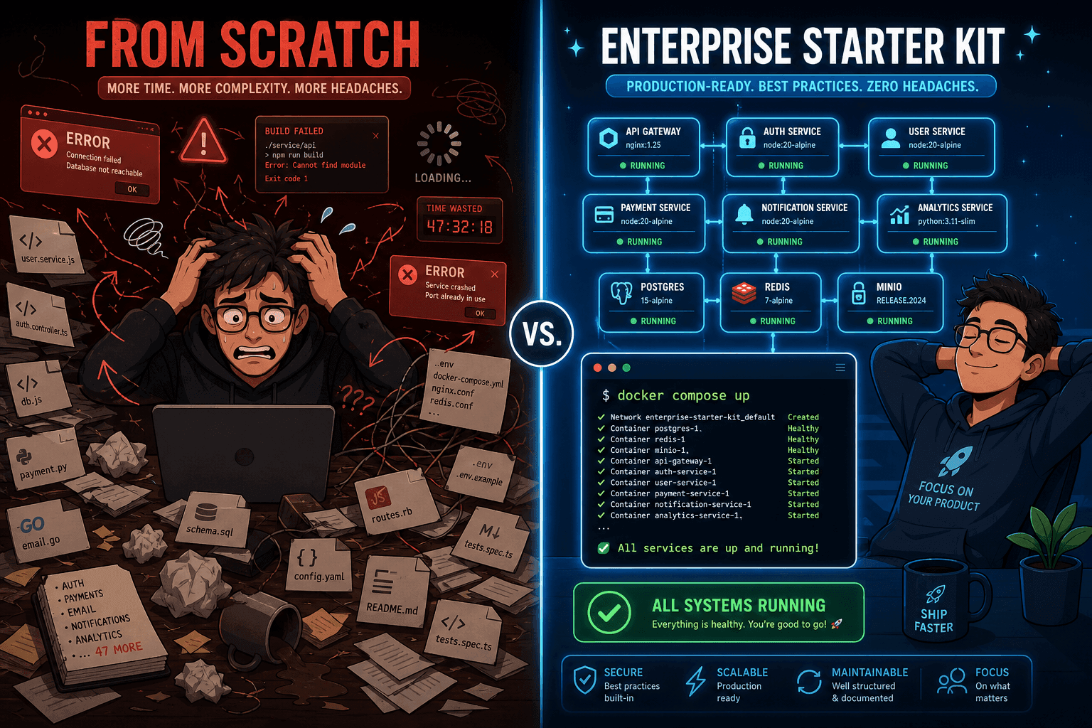 Building microservices from scratch vs production-ready NestJS starter kit comparison