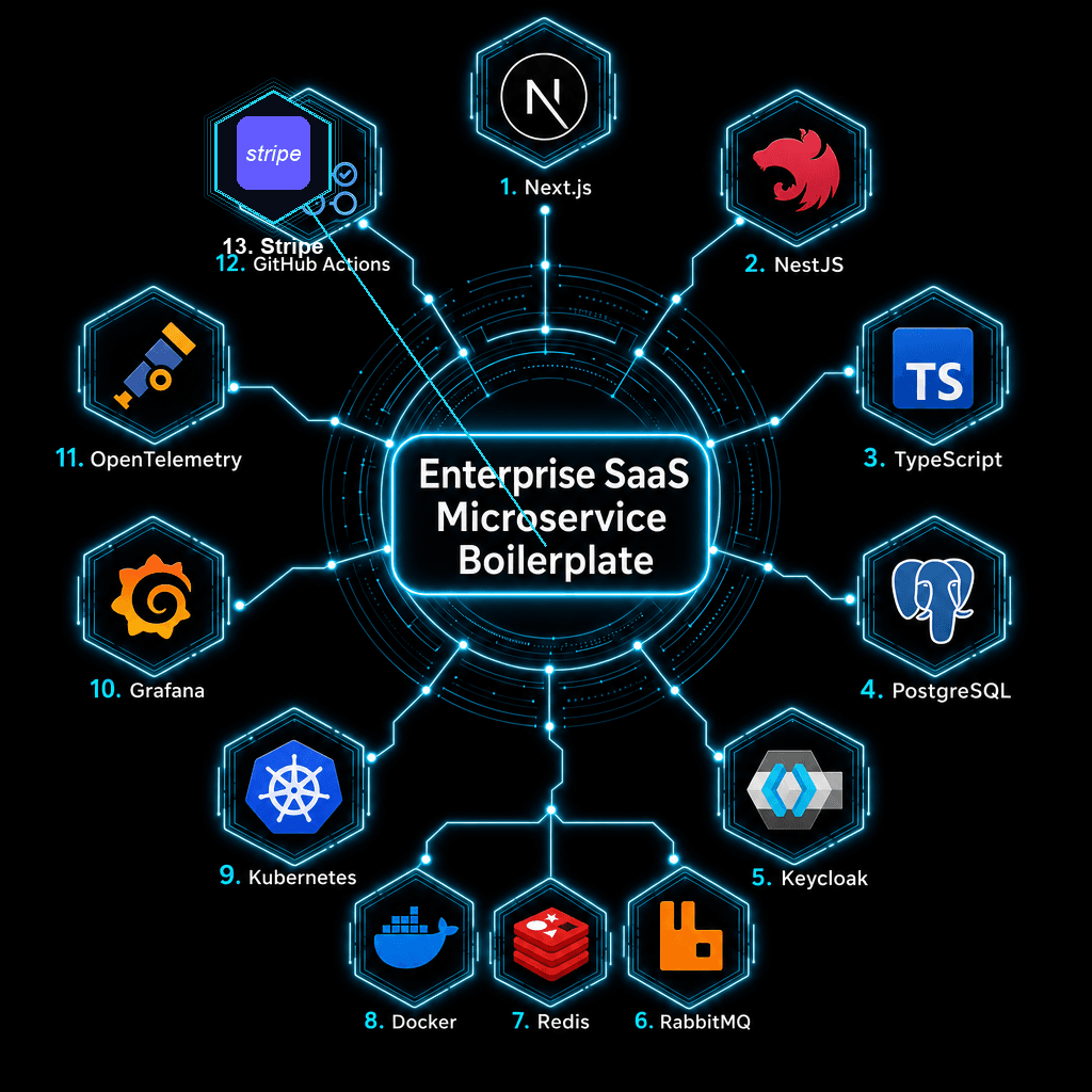 Enterprise SaaS Microservice Boilerplate technology stack: Next.js, NestJS, TypeScript, PostgreSQL, Keycloak, RabbitMQ, Redis, Docker, Kubernetes, Grafana, OpenTelemetry, GitHub Actions, Stripe