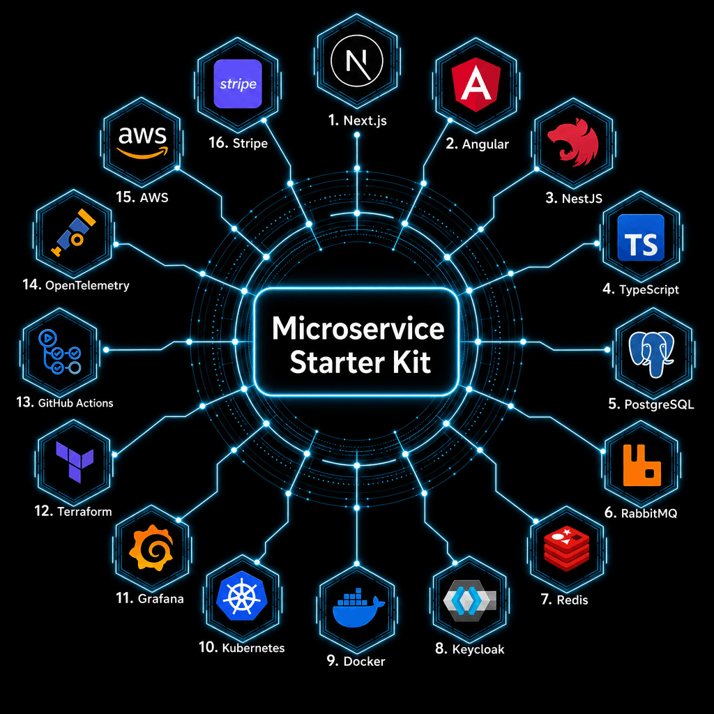 Microservice Starter Kit technology stack: Next.js, Angular, NestJS, TypeScript, PostgreSQL, RabbitMQ, Redis, Keycloak, Docker, Kubernetes, Grafana, Terraform, GitHub Actions, OpenTelemetry, AWS, Stripe