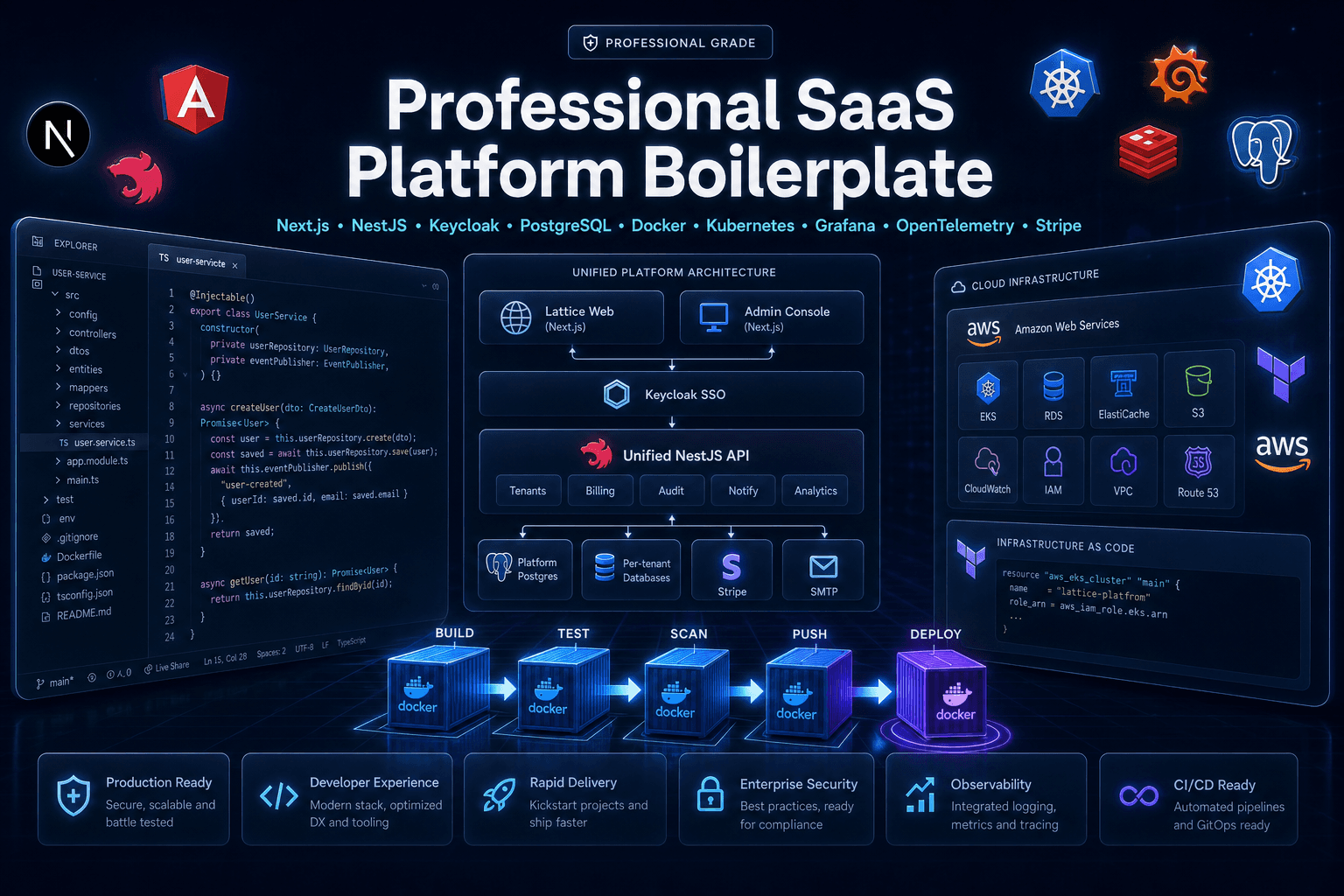 Professional SaaS Platform Boilerplate developer workstation: VS Code, unified platform architecture, AWS, Docker CI/CD