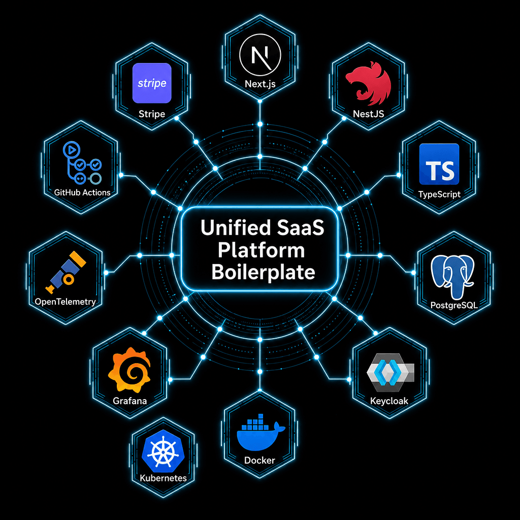 Unified SaaS Platform Boilerplate technology stack: Next.js, NestJS, TypeScript, PostgreSQL, Keycloak, Docker, Kubernetes, Grafana, OpenTelemetry, GitHub Actions, Stripe