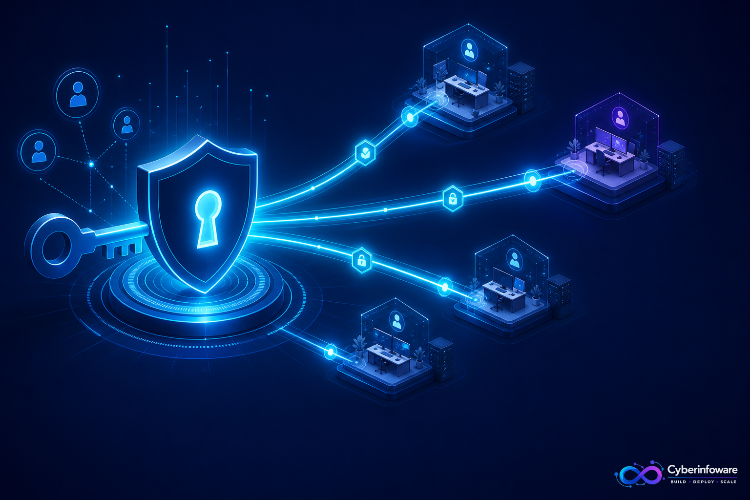 Keycloak SSO and secure multi-tenant workspaces illustration with Cyber Infoware logo