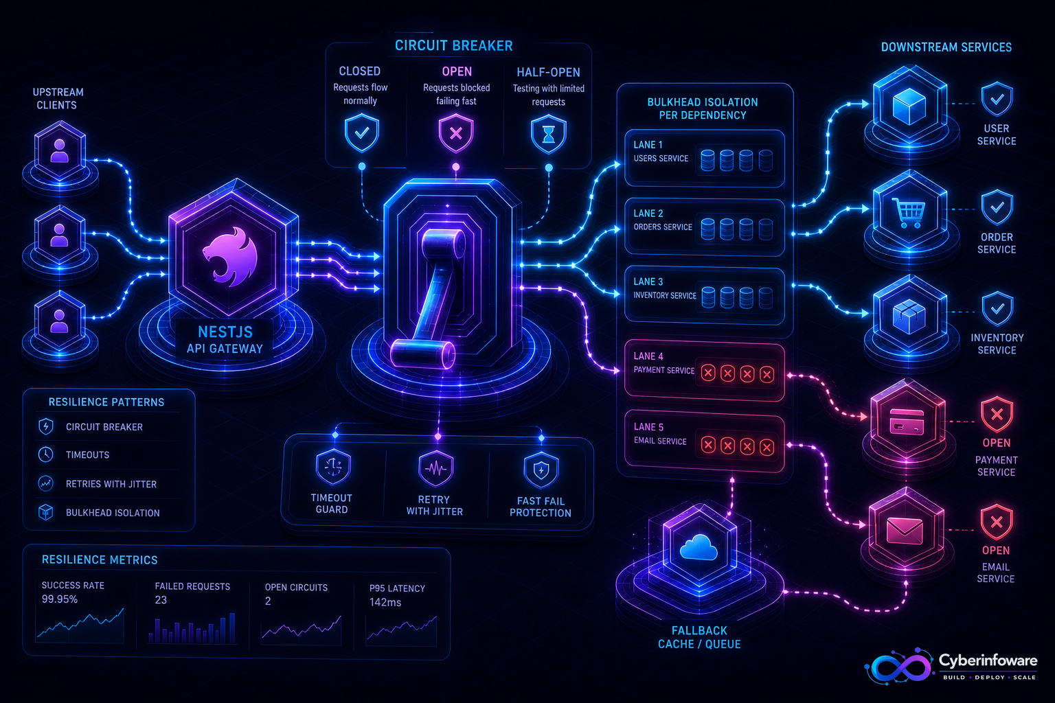 NestJS API gateway with circuit breaker states, timeouts, and bulkheads protecting microservices with Cyber Infoware branding
