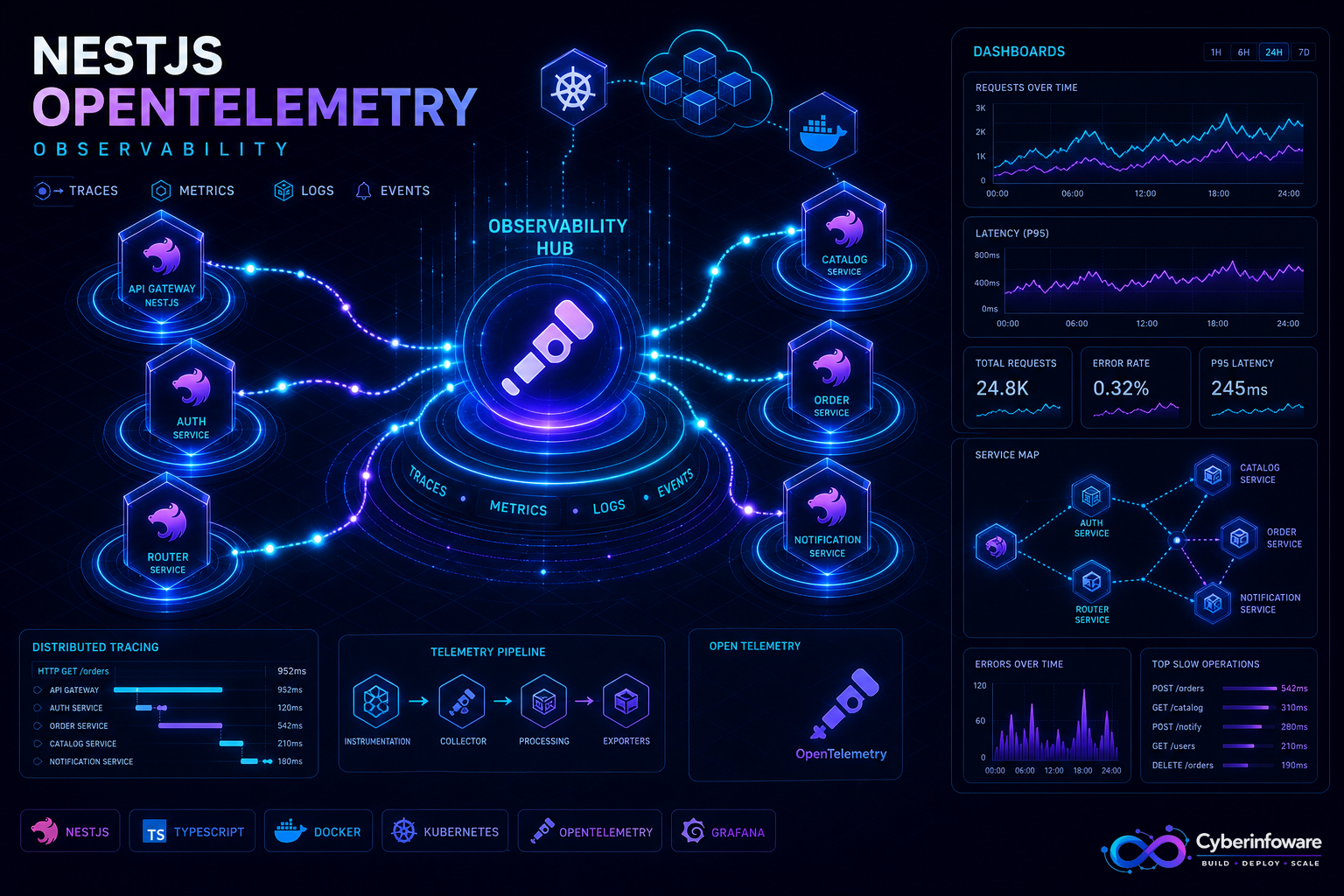 NestJS microservices connected by OpenTelemetry traces flowing into Grafana dashboards with Cyber Infoware branding