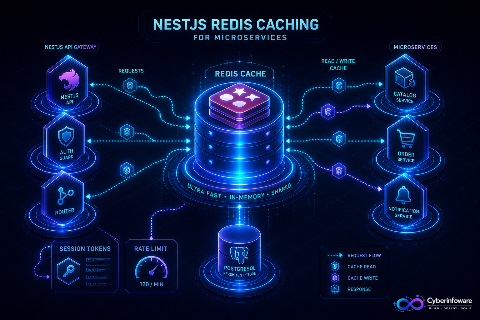 NestJS microservices using a central Redis cache for sessions, rate limits, and faster API responses with Cyber Infoware branding