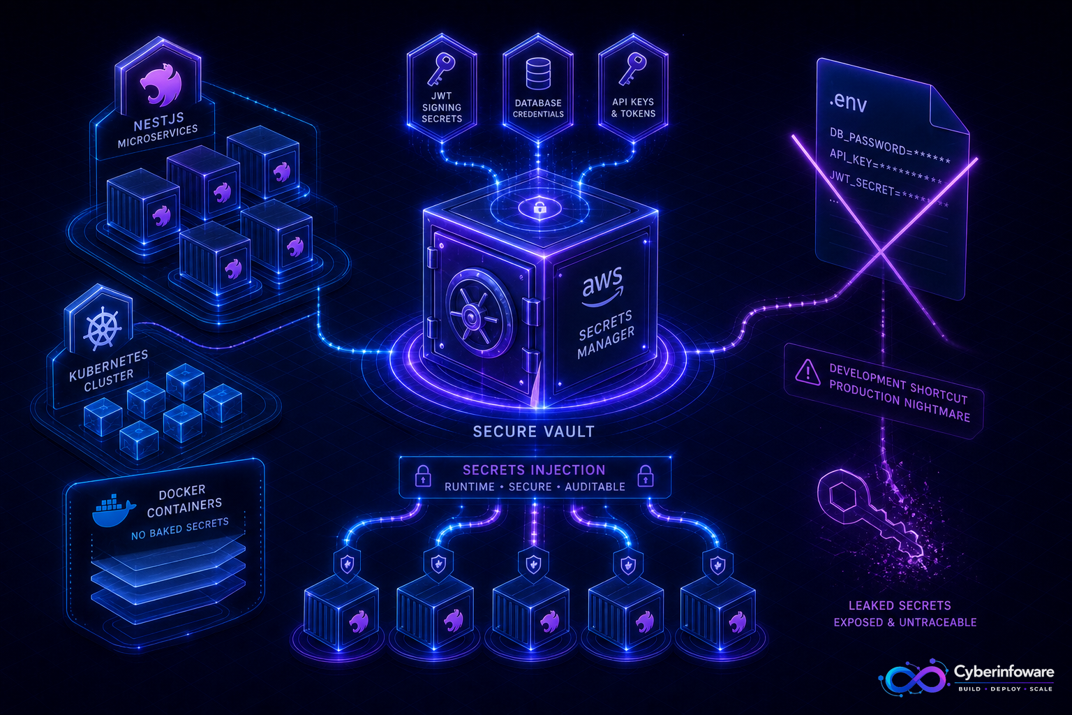 NestJS Kubernetes pods receiving secrets from a vault without baking keys into Docker images with Cyber Infoware branding