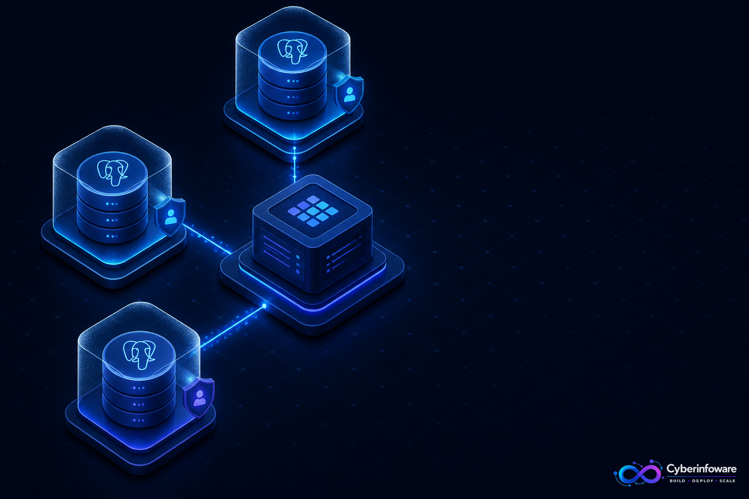 Per-tenant PostgreSQL database isolation diagram with Cyber Infoware branding