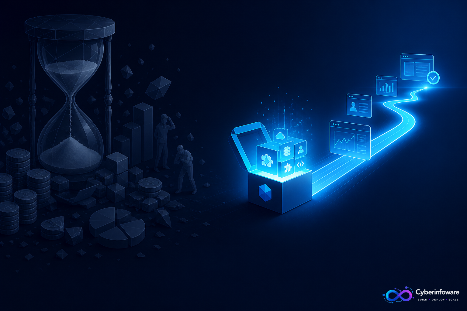 Build versus buy SaaS foundation illustration with Cyber Infoware branding