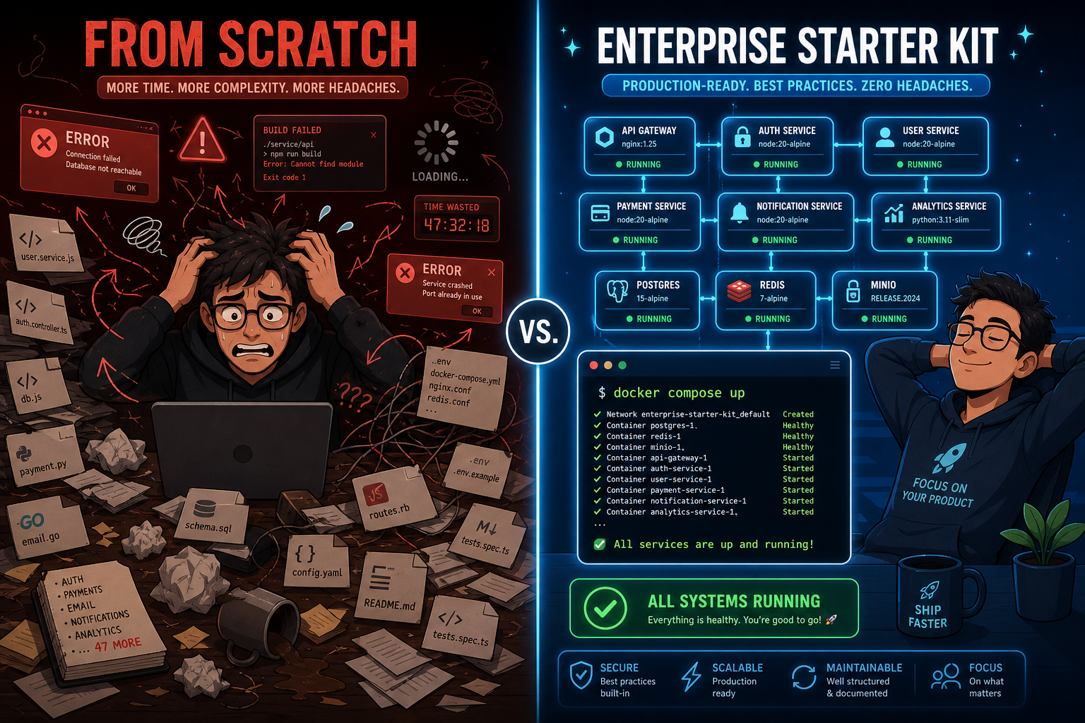 Building microservices from scratch vs production-ready NestJS starter kit comparison