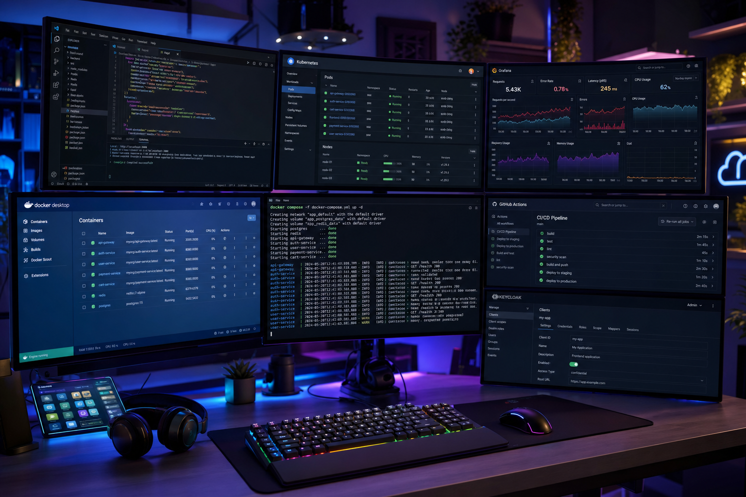 Developer workstation running the full stack: VS Code, Kubernetes, Grafana, Docker, CI/CD, Keycloak