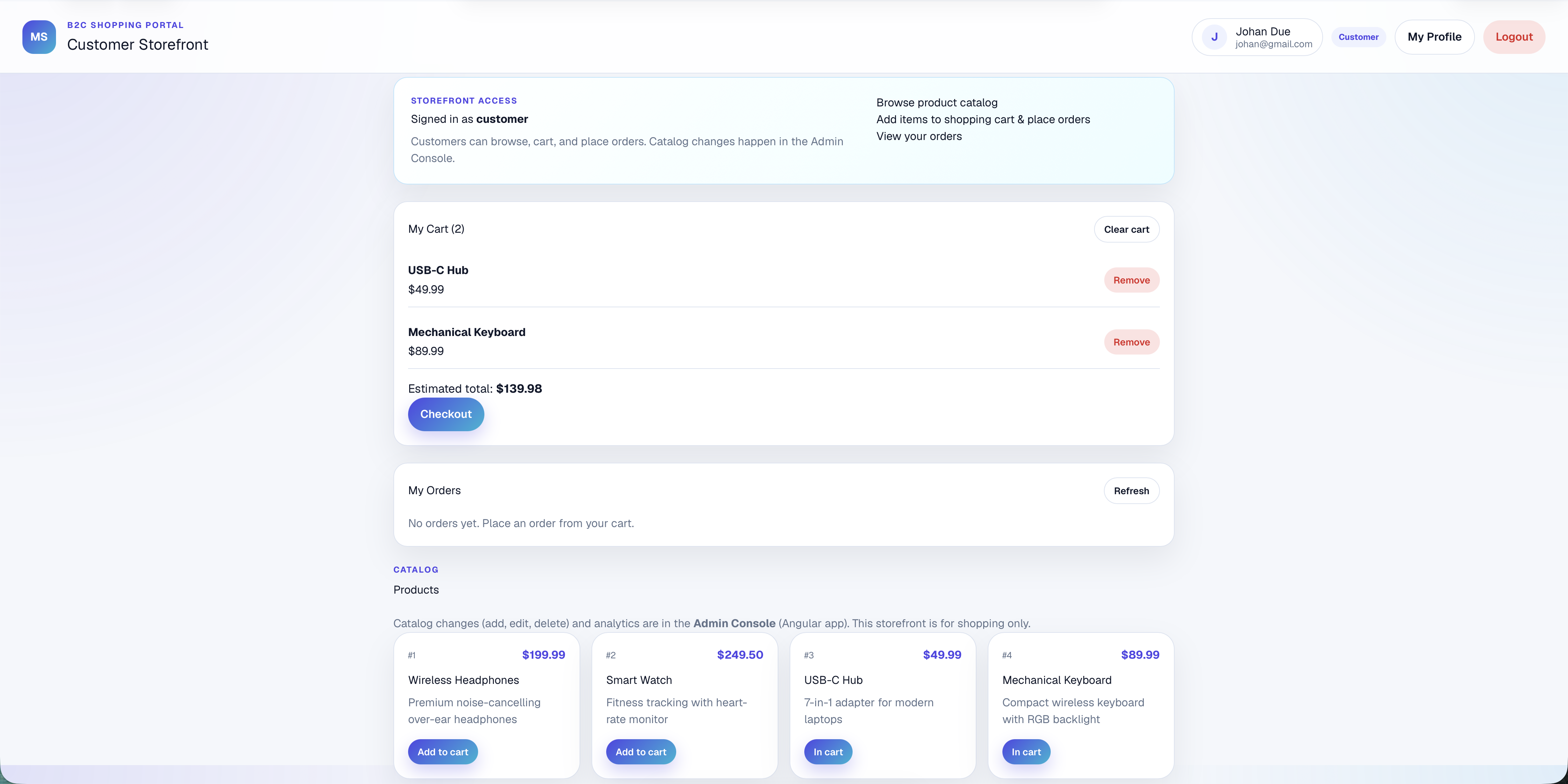 Next.js storefront cart — Sample customer flow — catalog, cart, and Stripe checkout button