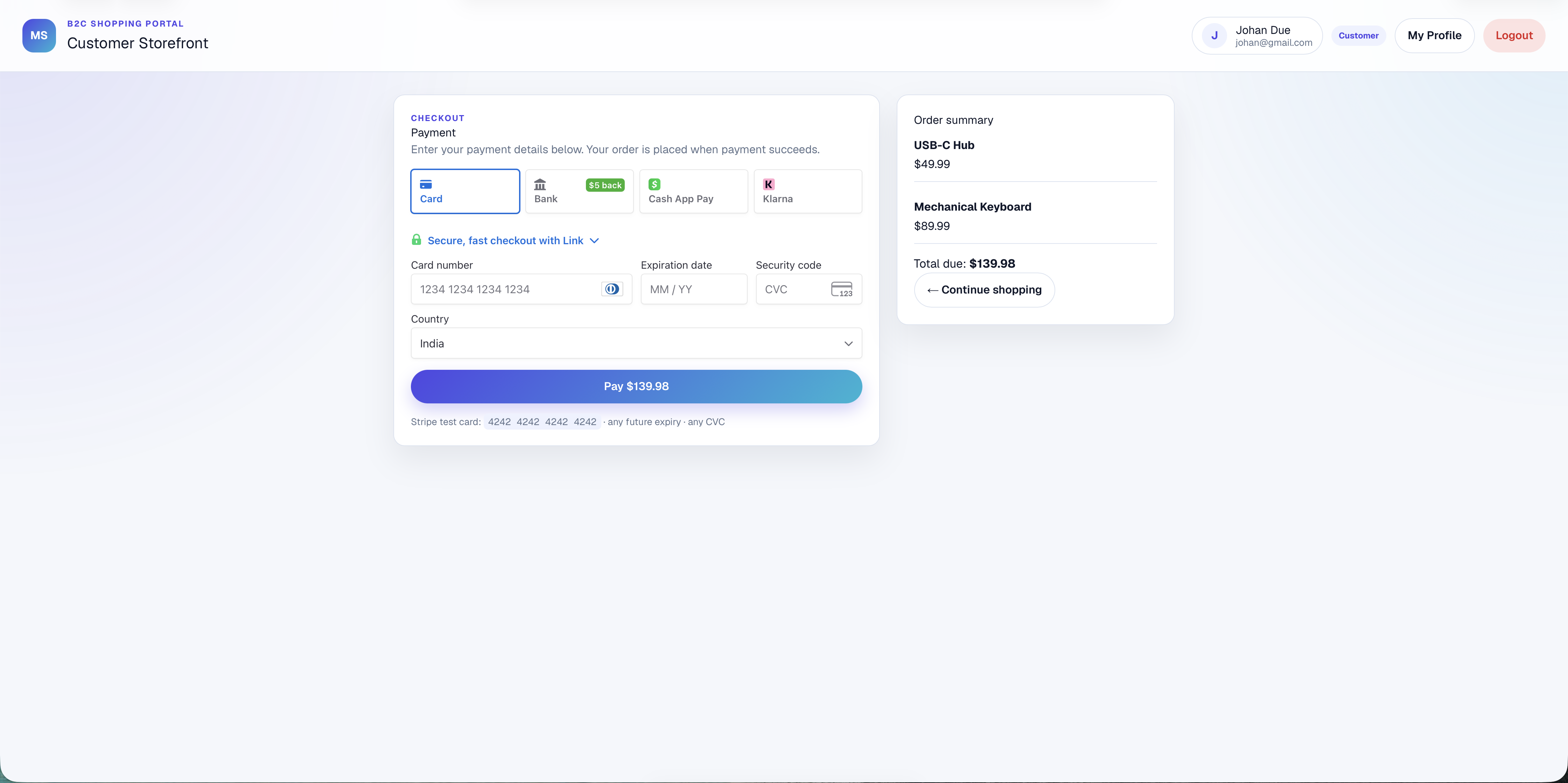 Stripe payment checkout — Stripe Payment Element on /checkout — order placed only after payment succeeds