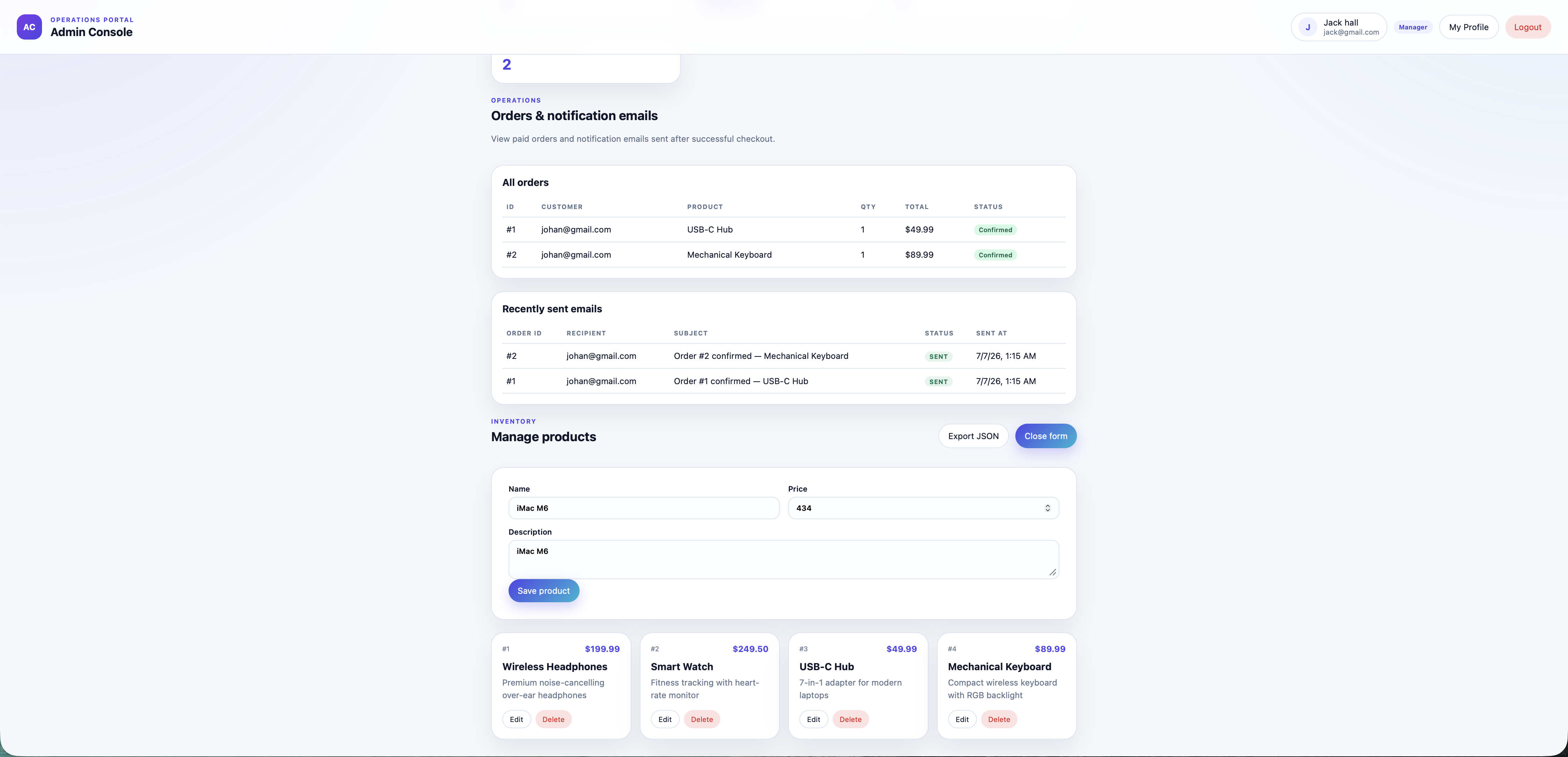 Orders & SMTP email delivery — Confirmed orders after Stripe payment — real confirmation emails with sent status